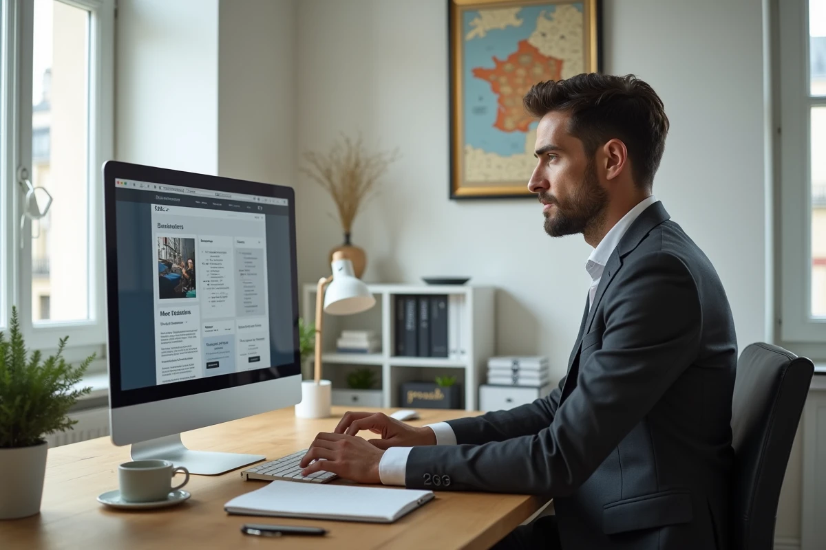 Entrepreneur français consultant un annuaire d'entreprises en ligne depuis son bureau à domicile à Paris