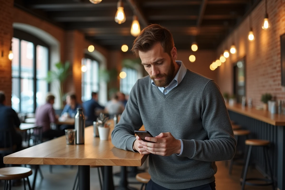 Entrepreneur consultant les actualités business sur smartphone dans un café urbain tendance