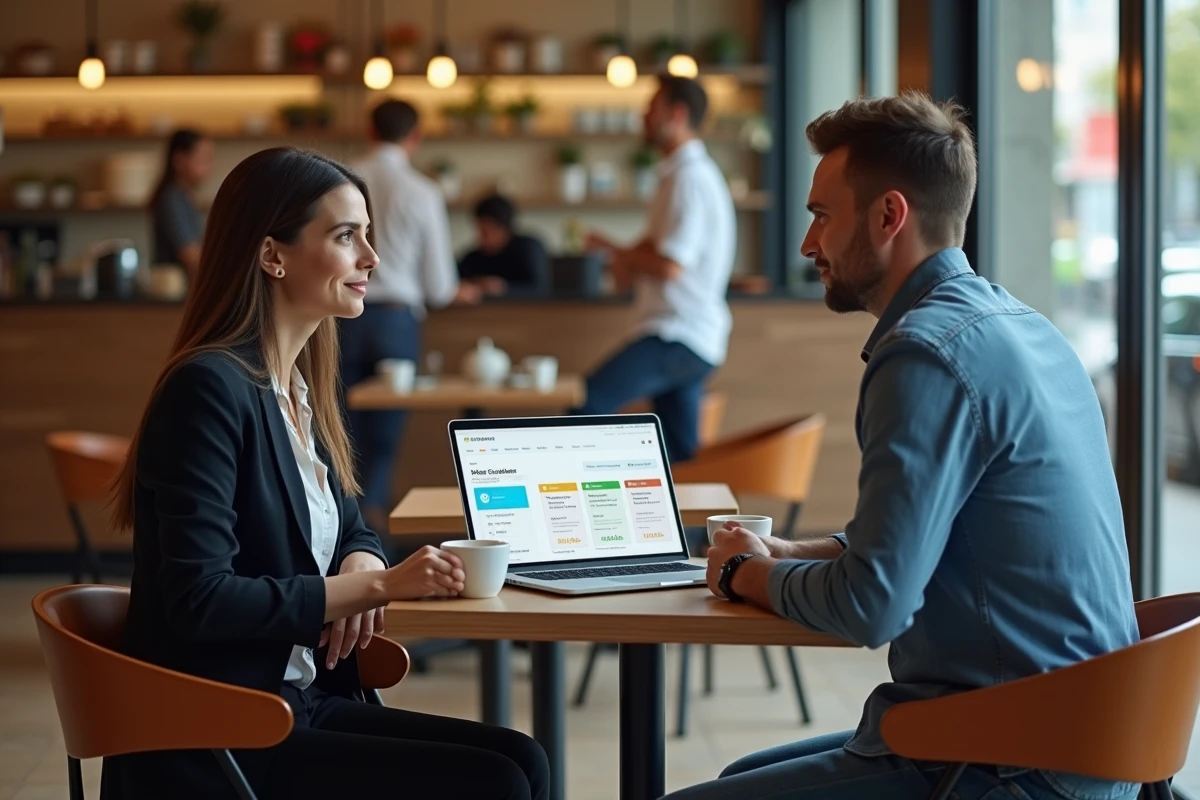 Deux entrepreneurs discutant d'une solution marketing IA abordable pour TPE et freelances dans un café