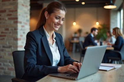 Entrepreneuse française analysant des données business sur un ordinateur portable dans un espace de coworking parisien moderne