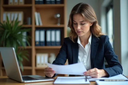 Entrepreneuse analysant des documents liés à la propriété intellectuelle dans un bureau moderne