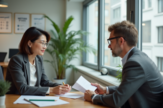 Femme en entretien d'embauche avec conseiller emploi