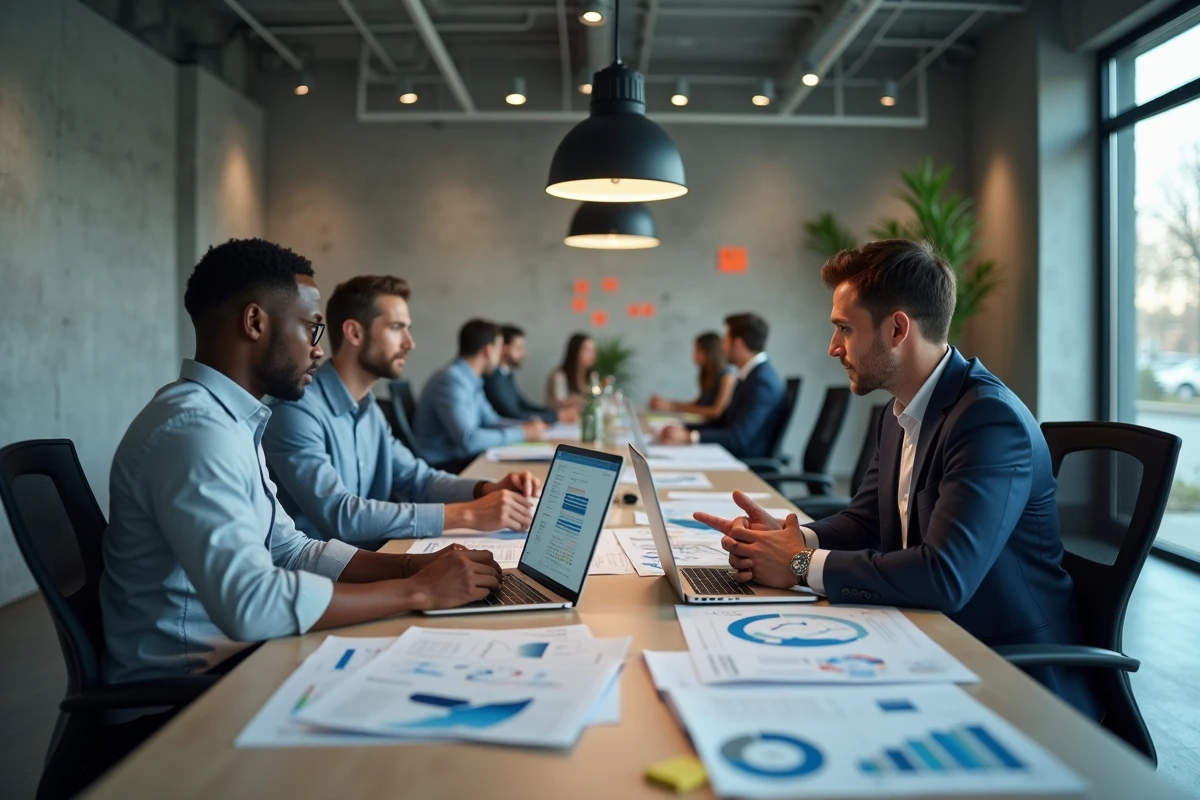 Équipe de consultants en entreprise collaborant sur une analyse de portefeuille stratégique avec outils de la matrice McKinsey 2026