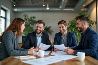 Équipe de professionnels analysant les résultats d'un test PI autour d'une table de réunion moderne