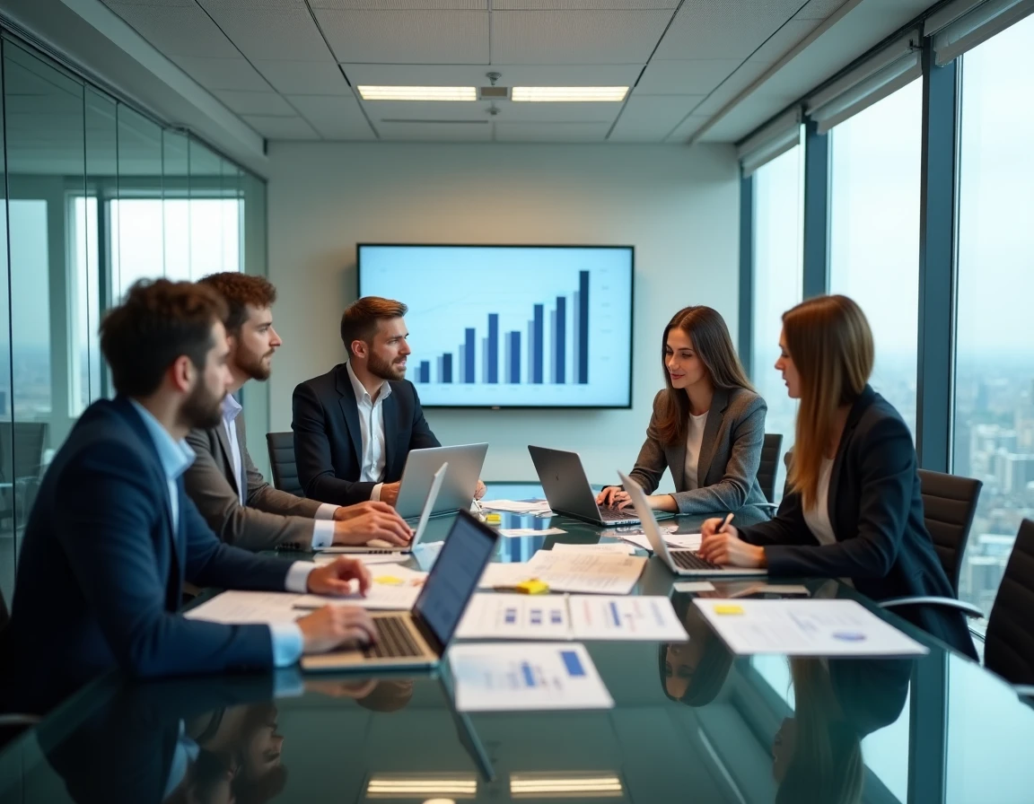 Équipe de jeunes consultants Big 4 en réunion autour de rapports financiers dans une salle de conférence vitrée