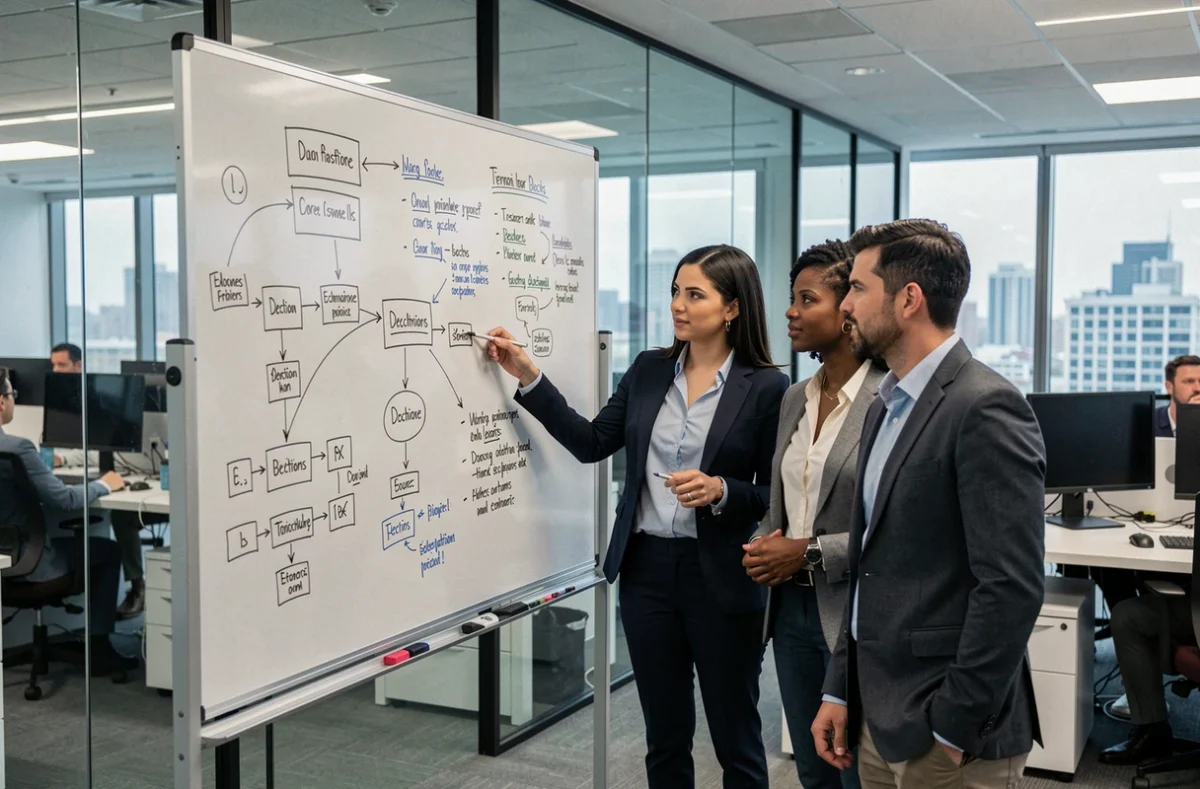 Équipe de consultants en ingénierie de systèmes collaborant autour d'un tableau blanc rempli de diagrammes d'architecture dans un bureau moderne