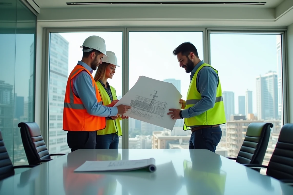 Groupe de professionnels discutant plans dans un bureau moderne