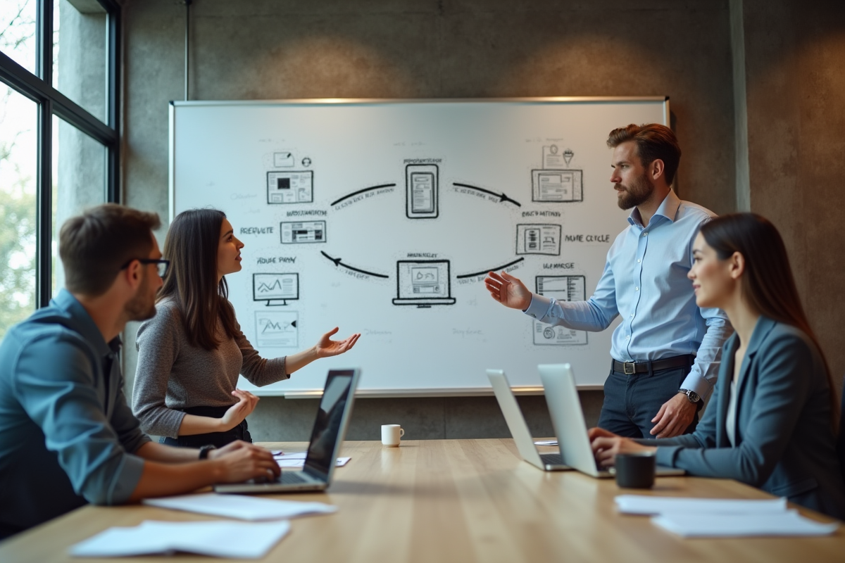 Groupe de jeunes professionnels discute autour d