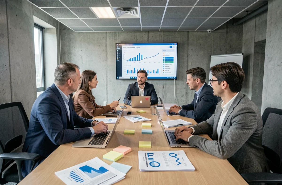 Équipe d'experts en réunion stratégique autour d'une table de conférence avec rapports et écran de données