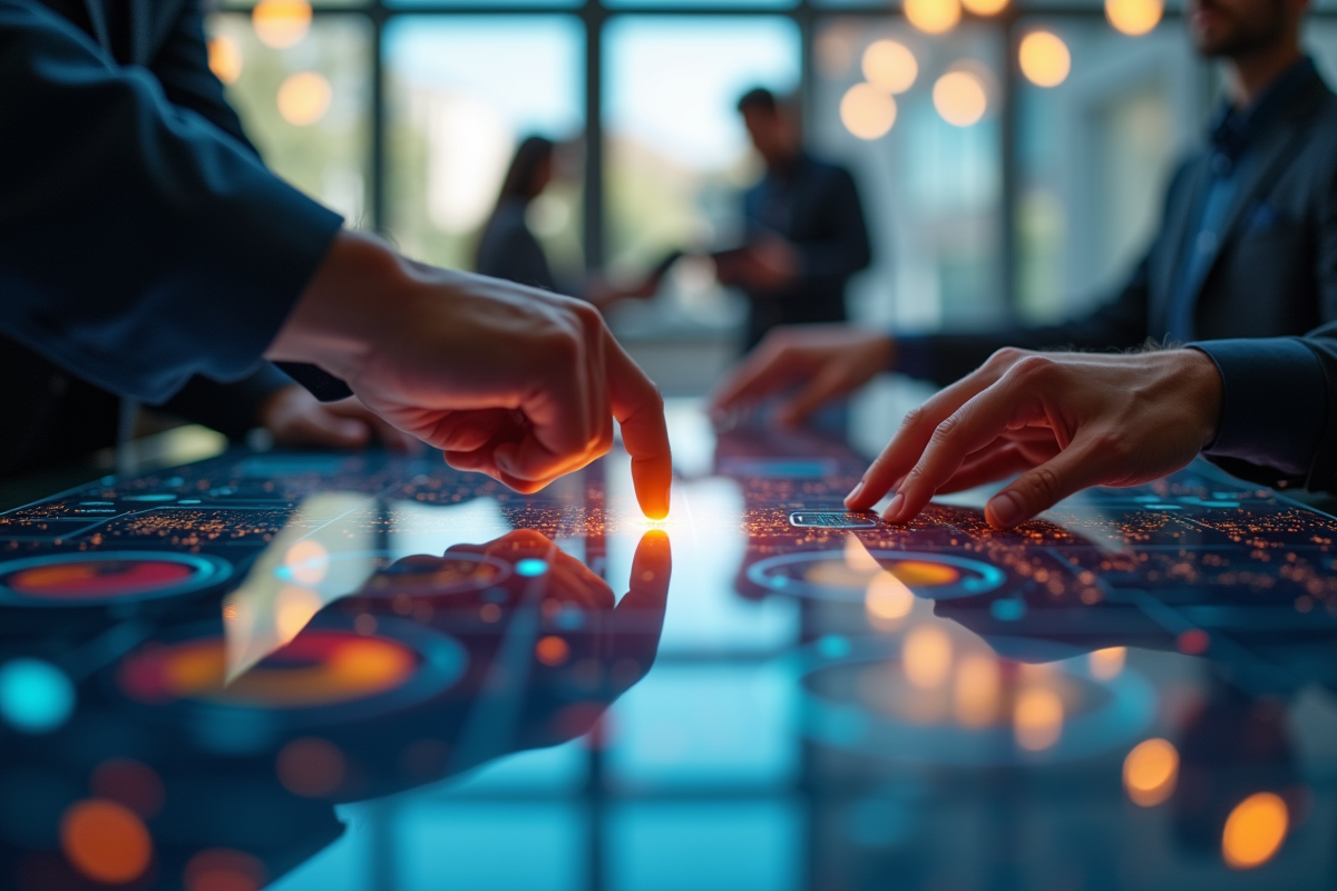 Mains d équipes utilisant un tableau de bord numérique interactif