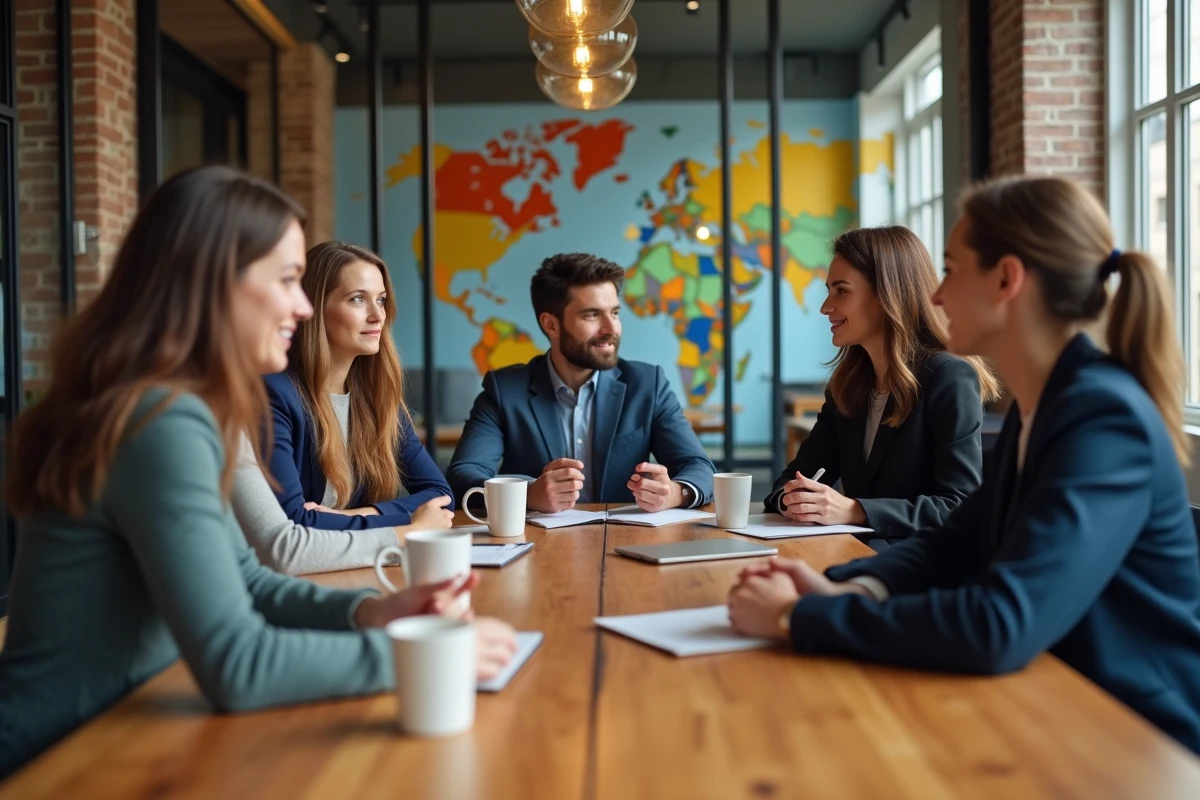 Groupe de professionnels en réunion dans un espace de coworking à Paris