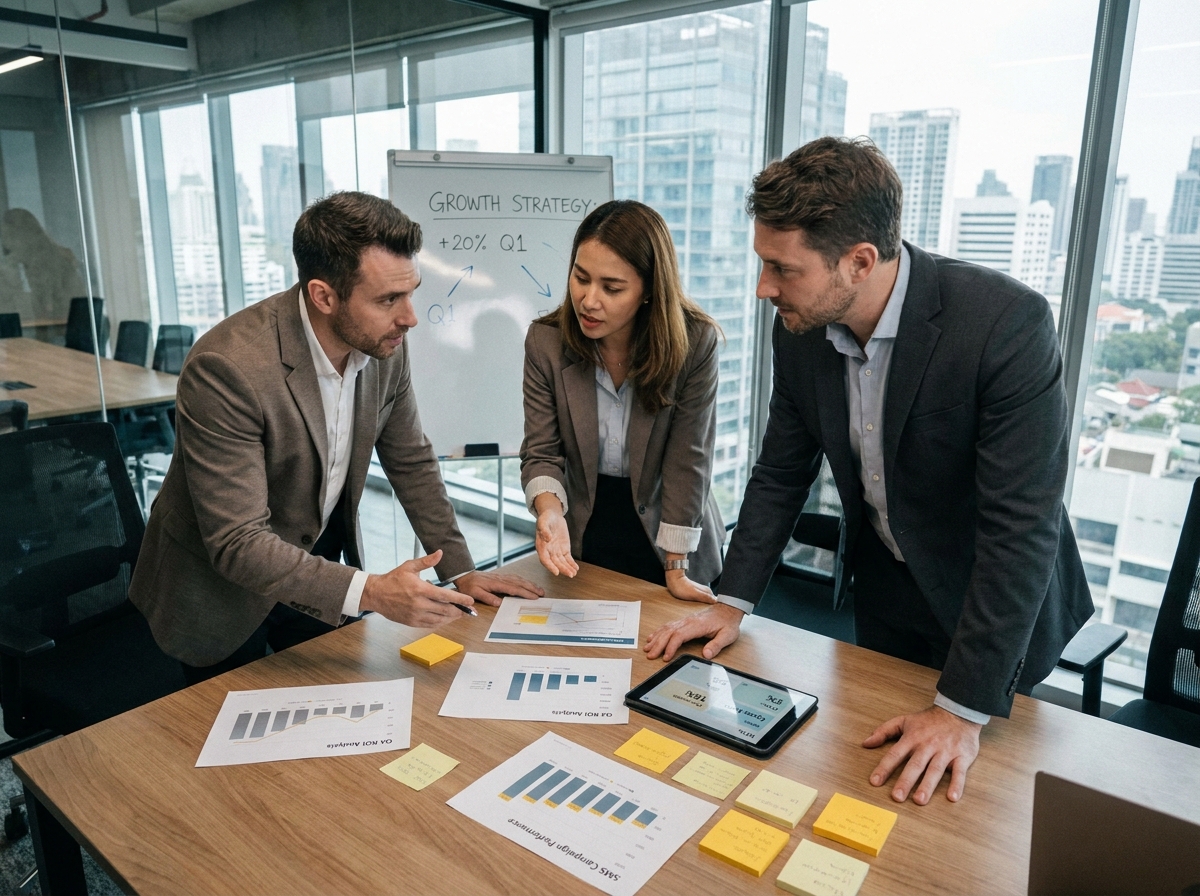 Équipe marketing analysant le retour sur investissement d'une campagne SMS autour d'une table de réunion avec des rapports et tableaux de bord