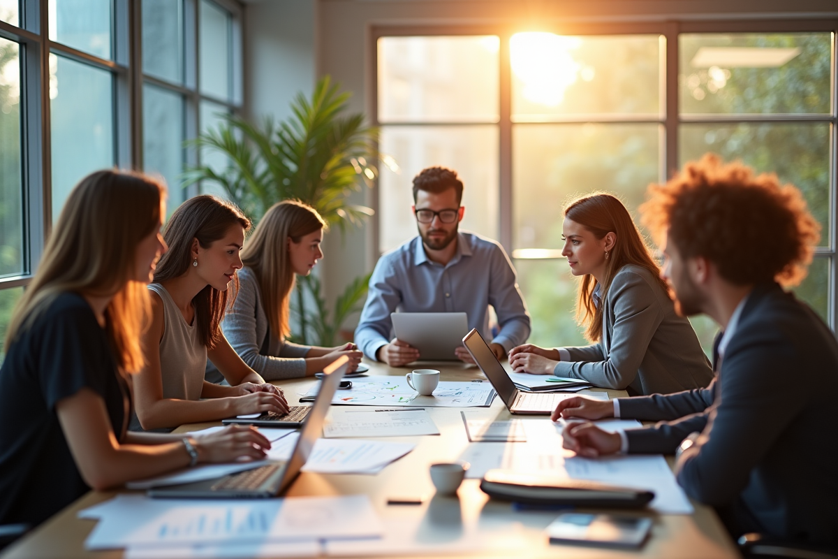 Groupe de professionnels collaborant autour d'une table lumineuse