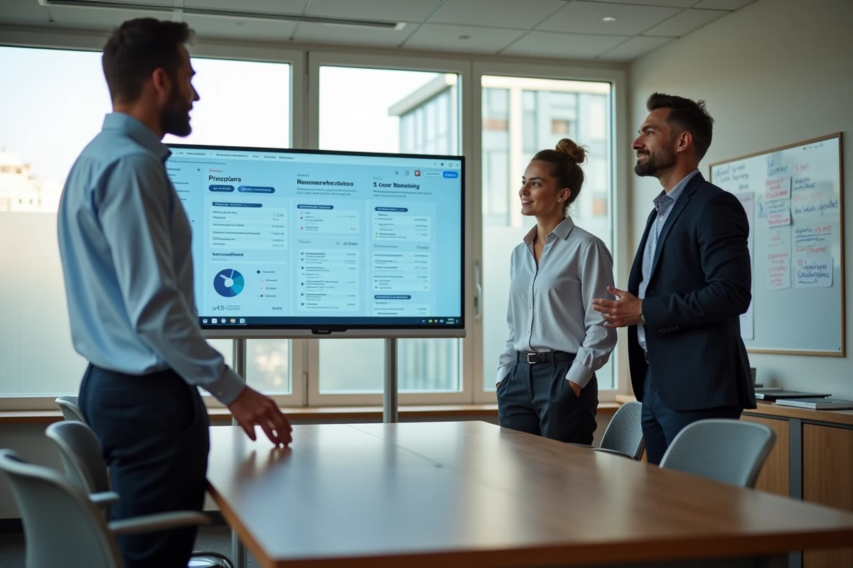 Équipe professionnelle en réunion autour de l'intranet Inetum affiché sur un écran mural en salle de conférence