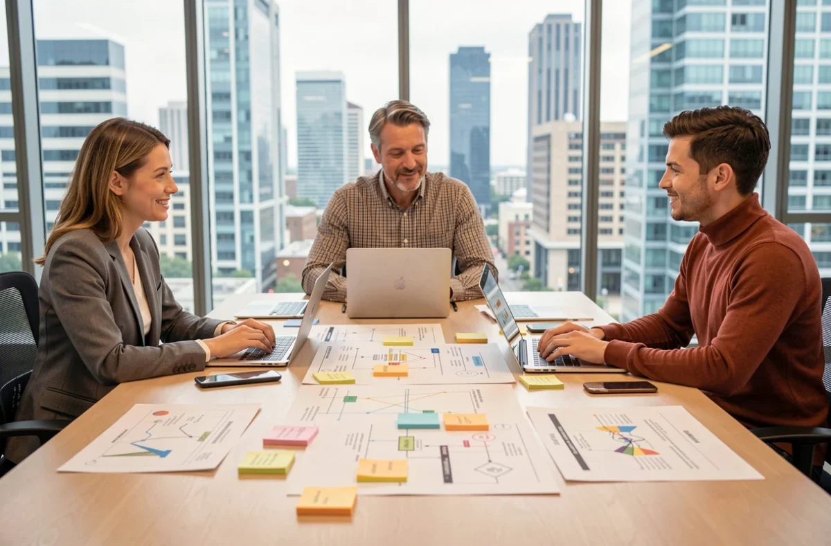 Équipe pluridisciplinaire en réunion autour d'une cartographie de processus pour une transformation digitale