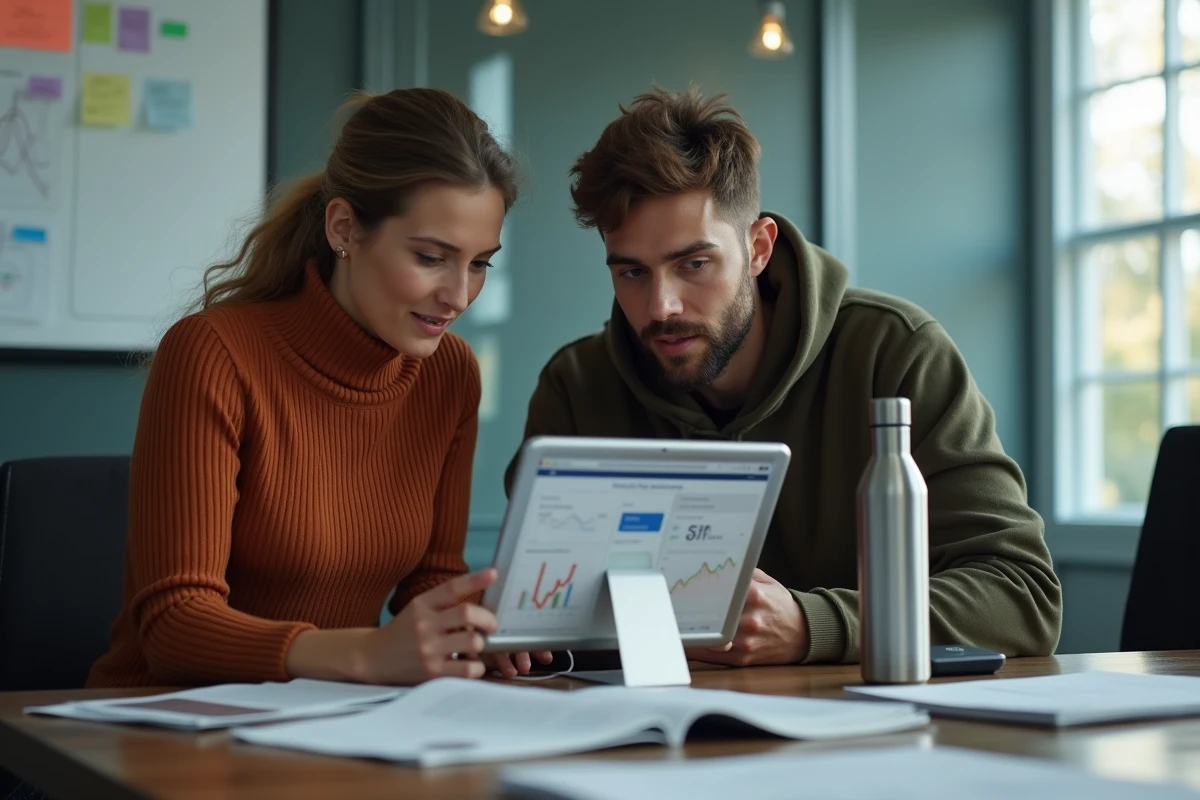 Deux collaborateurs d'une startup SaaS analysant ensemble les métriques de rétention client sur une tablette en salle de réunion