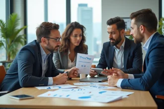 Équipe professionnelle analysant les avis clients vérifiés autour d'une table de conférence moderne