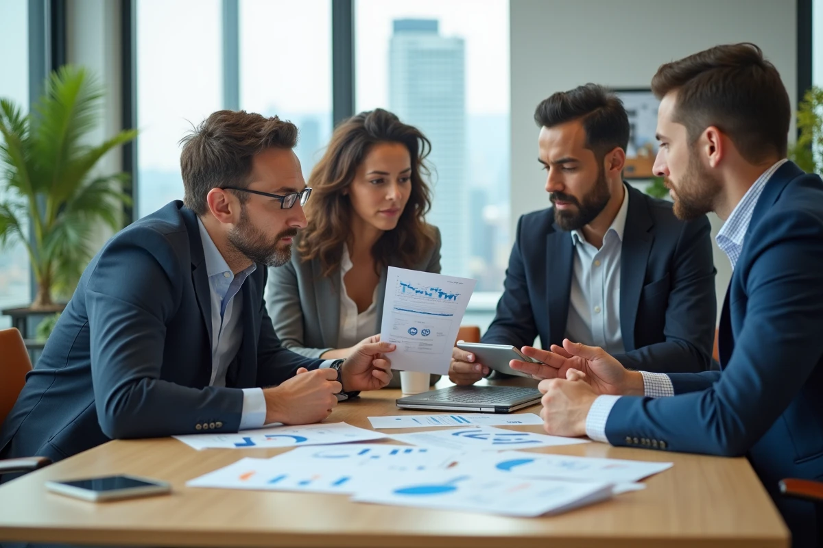 Équipe professionnelle analysant les avis clients vérifiés autour d'une table de conférence moderne
