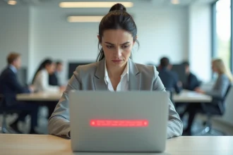 Femme frustrée face à un message d'erreur de connexion sur son compte HR4you au bureau