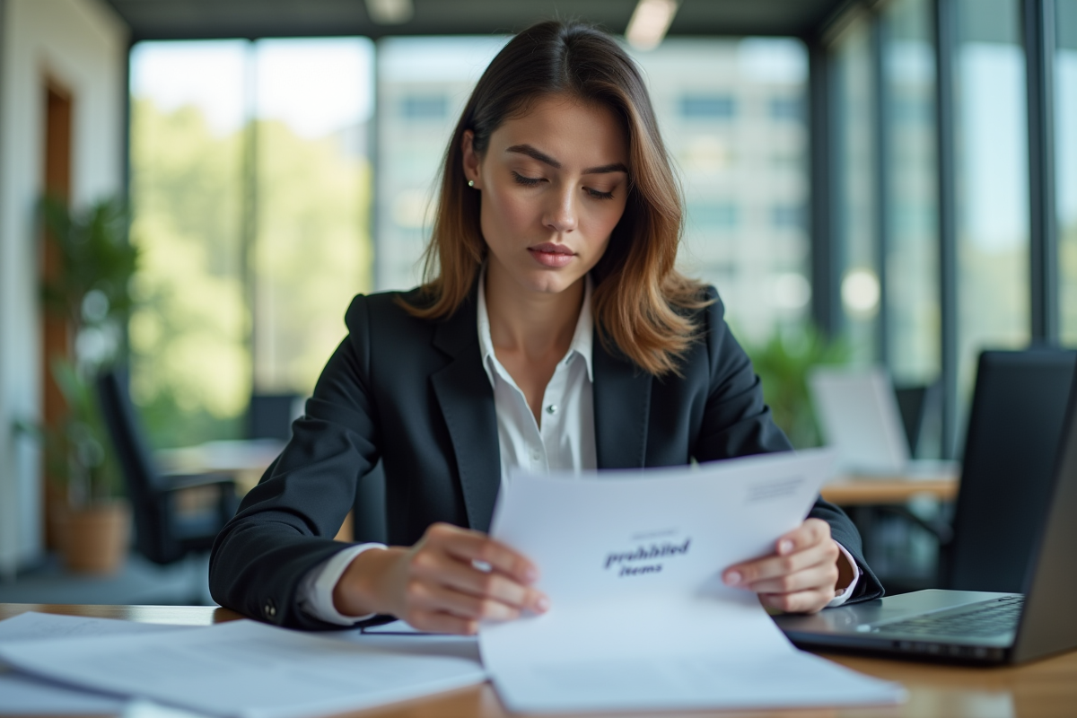Femme d affaires sérieuse examinant des documents interdits