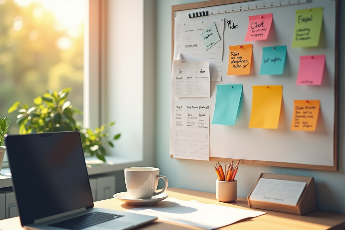 Espace de travail organisé avec calendrier et notes colorées