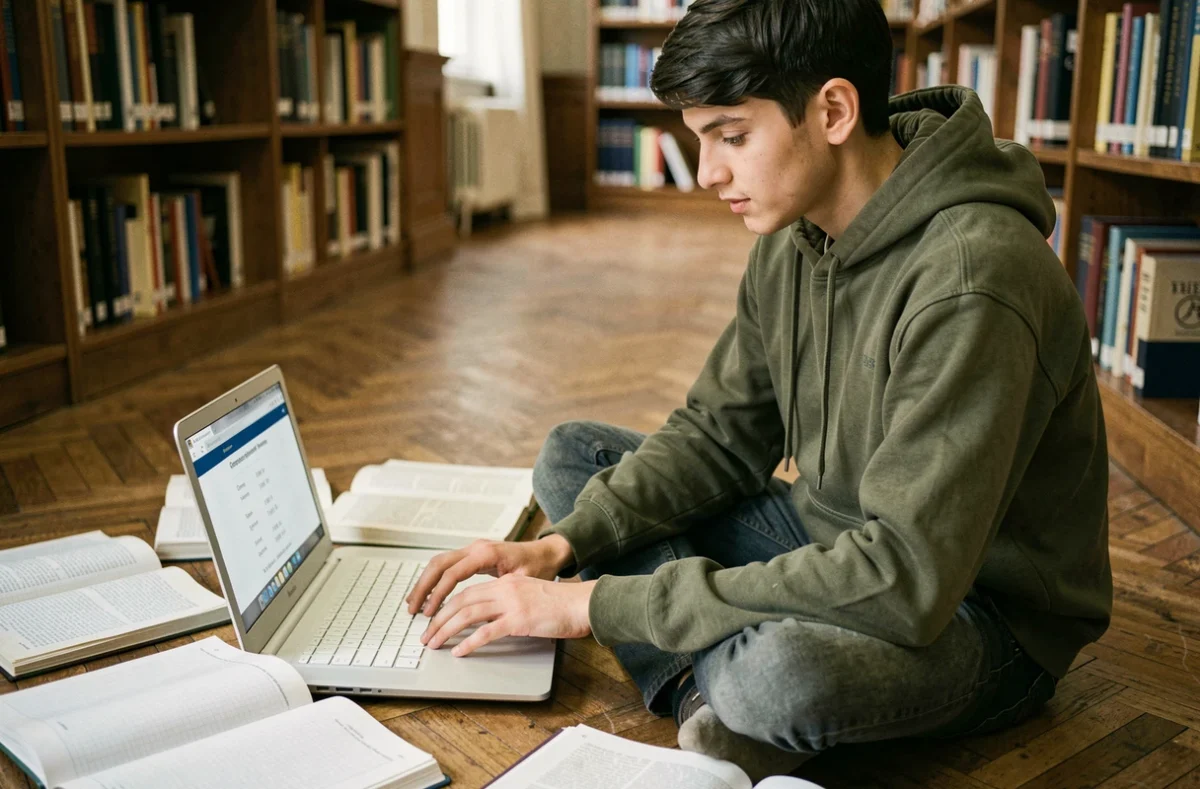 Étudiant utilisant un site de conversion de longueur sur laptop dans une bibliothèque universitaire