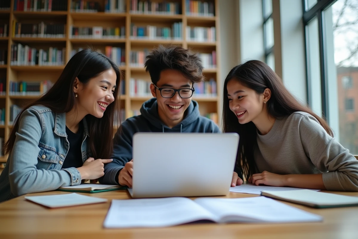 Groupe d'étudiants stagiaires discutant de la durée et de la rémunération de leur stage en 2026 dans une bibliothèque universitaire