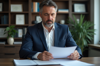Homme d'affaires en costume lisant un document dans un bureau moderne