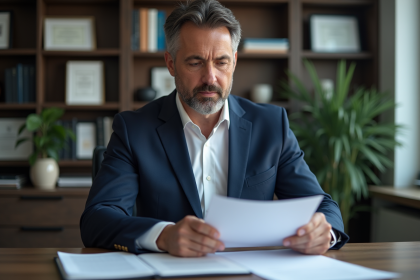 Homme d'affaires en costume lisant un document dans un bureau moderne