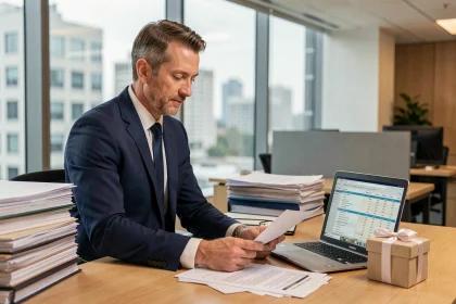 Expert-comptable analysant les documents de cadeaux salariés dans un bureau moderne avec tableur ouvert
