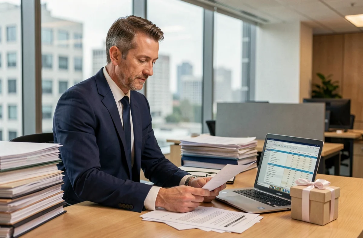 Expert-comptable analysant les documents de cadeaux salariés dans un bureau moderne avec tableur ouvert