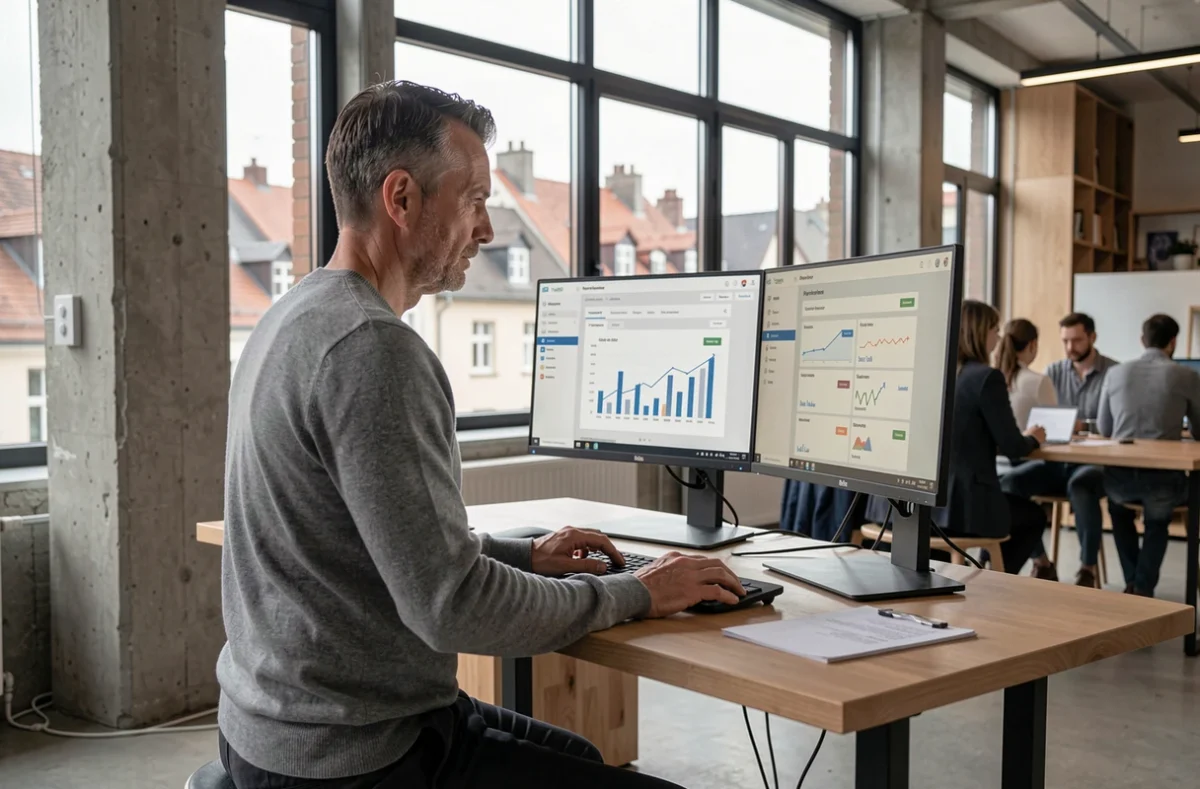 Expert-comptable indépendant à Colmar analysant des données SEO local sur deux écrans dans un espace de coworking