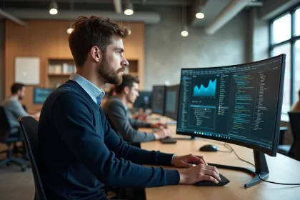 Expert numérique masculin en trentaine travaillant sur des tableaux de bord analytiques dans un bureau moderne et épuré