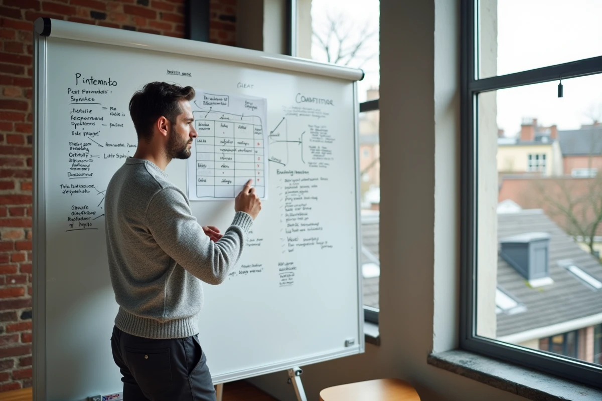Expert SEO à Rennes présentant une stratégie de positionnement Google sur tableau blanc dans un espace de coworking