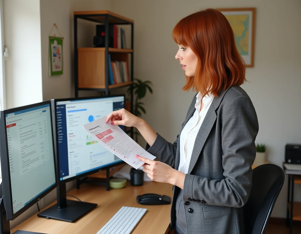 Experte en référencement local Alsace examinant un audit SEO annoté dans un bureau à domicile avec carte régionale en arrière-plan