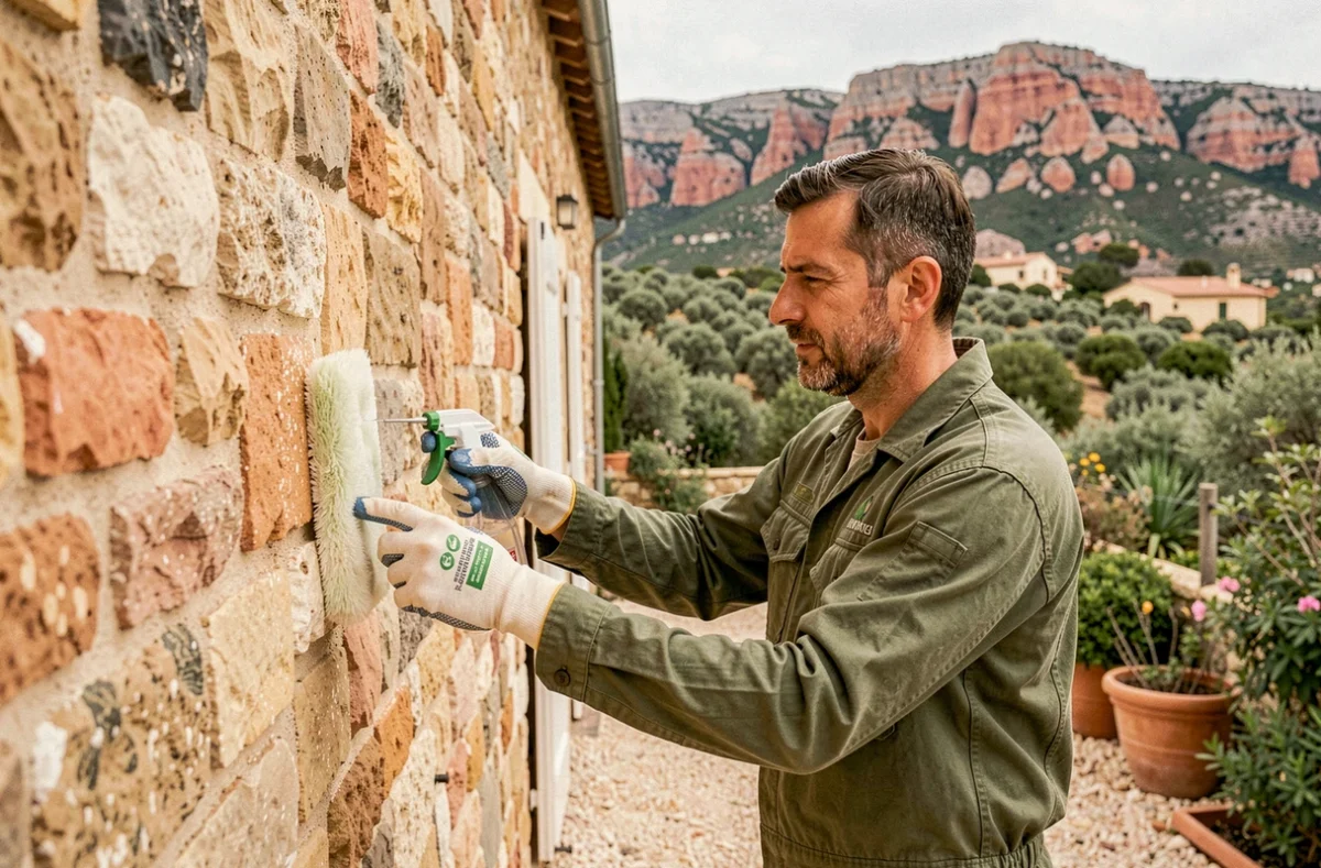 Spécialiste en nettoyage écologique appliquant une solution certifiée sur la façade d'un mas provençal entre Cannes et Fréjus pour Exteco