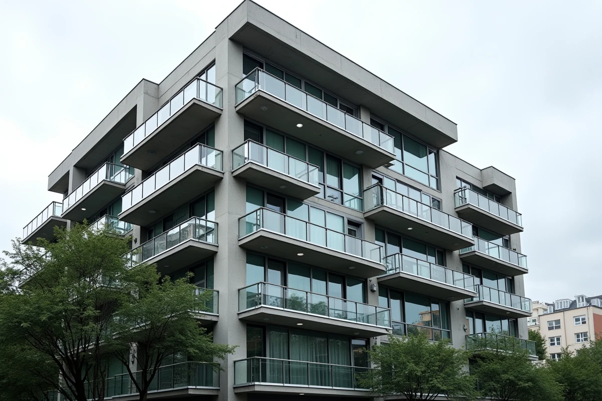 Vue architecturale d'une façade moderne avec système de garde-corps en tubes inox de différents diamètres sur plusieurs étages de balcons