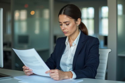 Femme d'affaires pr&eacute;occup&eacute;e dans son bureau moderne