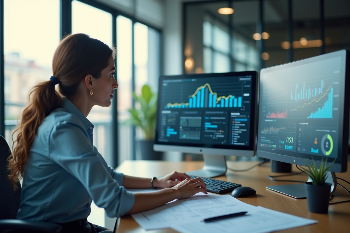 Femme d'affaires dans un bureau moderne analysant des données