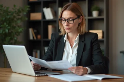 Femme d'affaires comparant des formules d'abonnement au journal des entrepreneurs sur son bureau