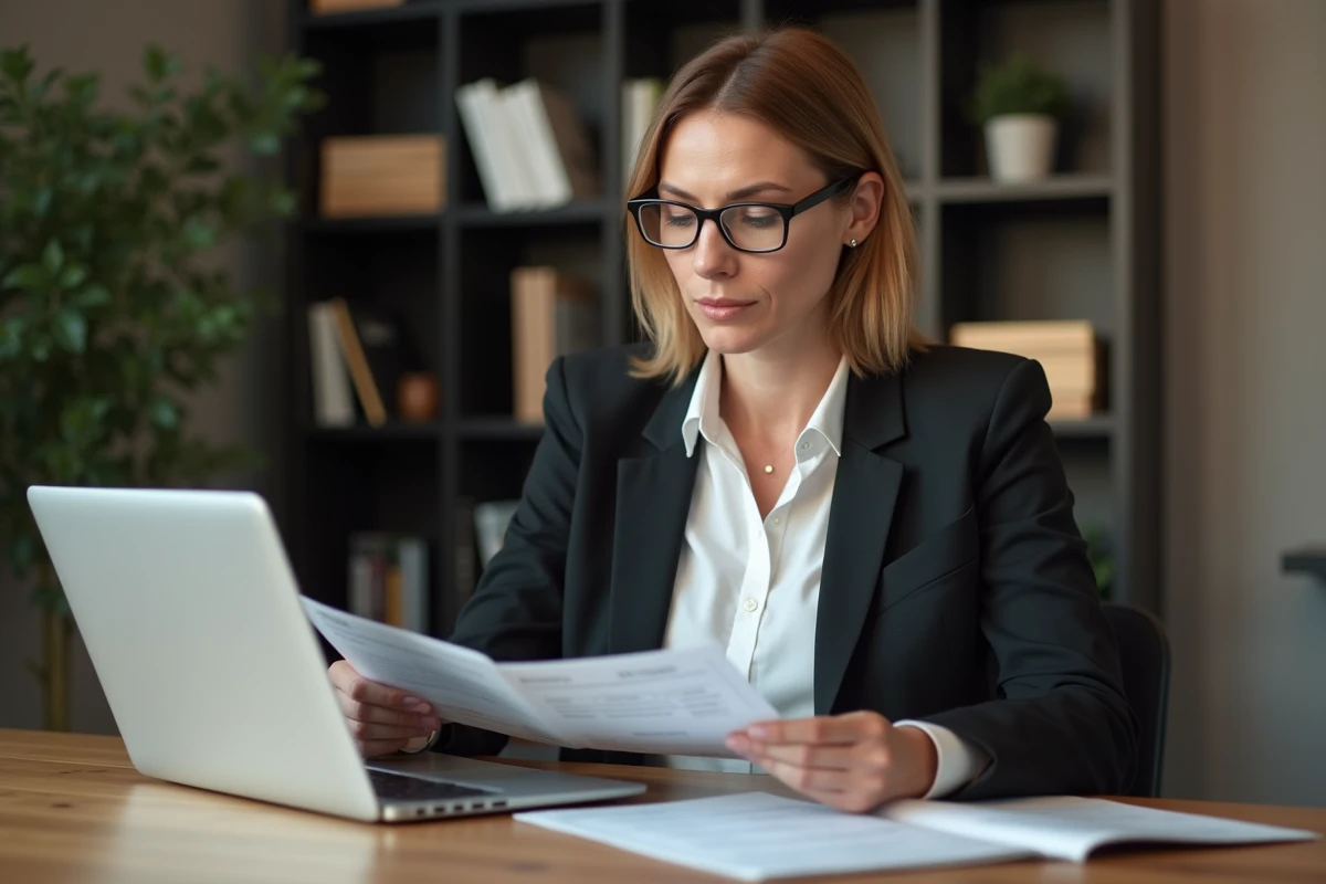Femme d'affaires comparant des formules d'abonnement au journal des entrepreneurs sur son bureau