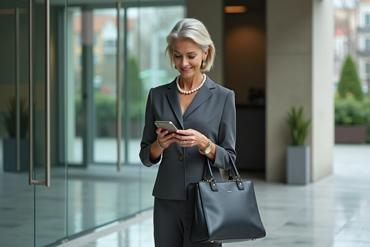 Femme d affaires marchant dans le hall moderne d une banque