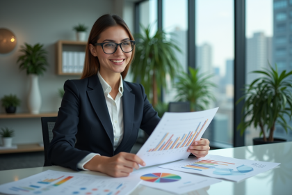 Femme d'affaires souriante analysant des graphiques de performance