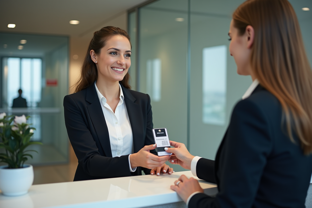 Femme d'affaires confiante remettant son badge à la réceptionniste