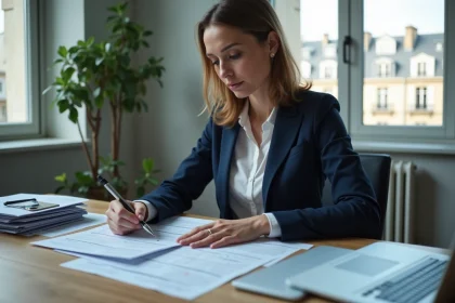 Femme d affaires en bureau &agrave; Paris examine documents