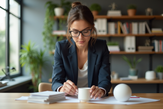 Femme d'affaires examine des prototypes de produits dans un bureau lumineux