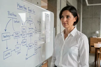Femme professionnelle analysant des processus de digitalisation sur un tableau blanc dans un bureau moderne