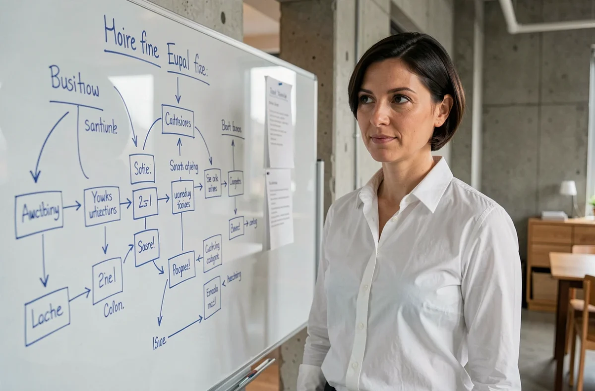 Femme professionnelle analysant des processus de digitalisation sur un tableau blanc dans un bureau moderne