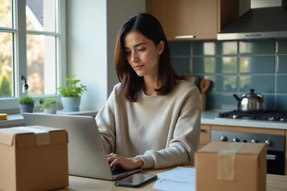 Femme utilisant un ordinateur pour suivre un colis en ligne