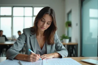 Femme en blazer gris annotant un calendrier mural dans un bureau moderne, illustrant la planification des jours ouvrés 2026
